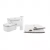 Vakuuminis indas ZWILLING 36807-007-0, plastikinis stačiakampis maisto indas, 1,1 l ir 2,3 l, sandariai užsidarantis dangtelis, išimamas, permatomas baltas