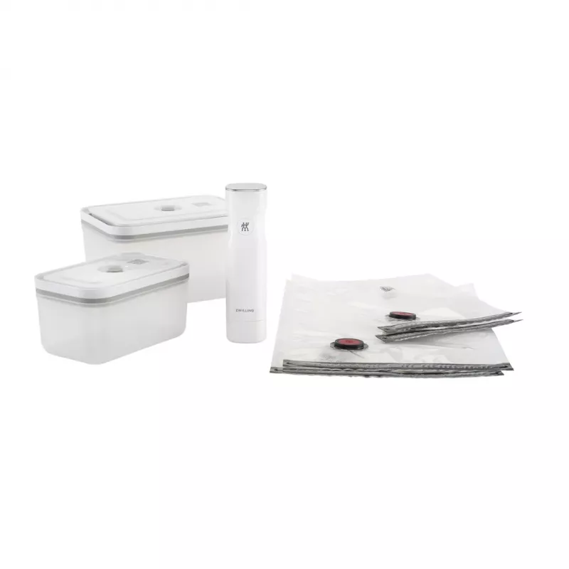 Vakuuminis indas ZWILLING 36807-007-0, plastikinis stačiakampis maisto indas, 1,1 l ir 2,3 l, sandariai užsidarantis dangtelis, išimamas, permatomas baltas