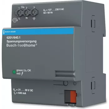 Maitinimo adapteris / keitiklis Busch-Jaeger 6201/640.1, vidaus, įėjimas 127–230 V, išėjimo srovė 0,64 mA, pilkas, 72×64×90 mm