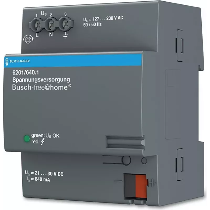 Maitinimo adapteris / keitiklis Busch-Jaeger 6201/640.1, vidaus, įėjimas 127–230 V, išėjimo srovė 0,64 mA, pilkas, 72×64×90 mm