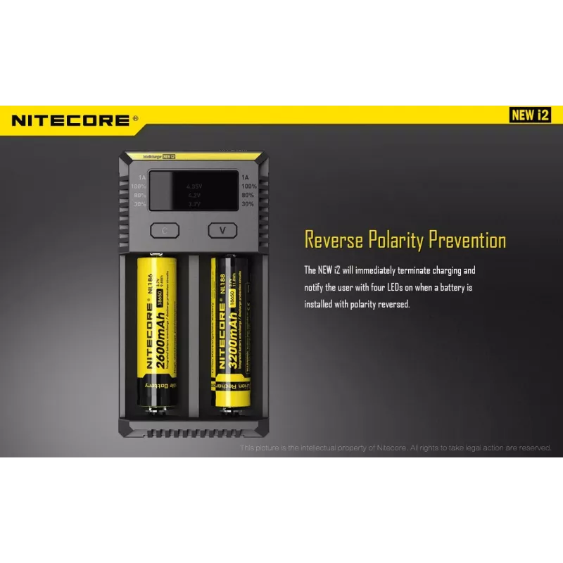 Baterijų kroviklis Nitecore NEW i2 — 2 angos, LiFePO4, Li-Ion, NiMH, 100–240 V, juodas