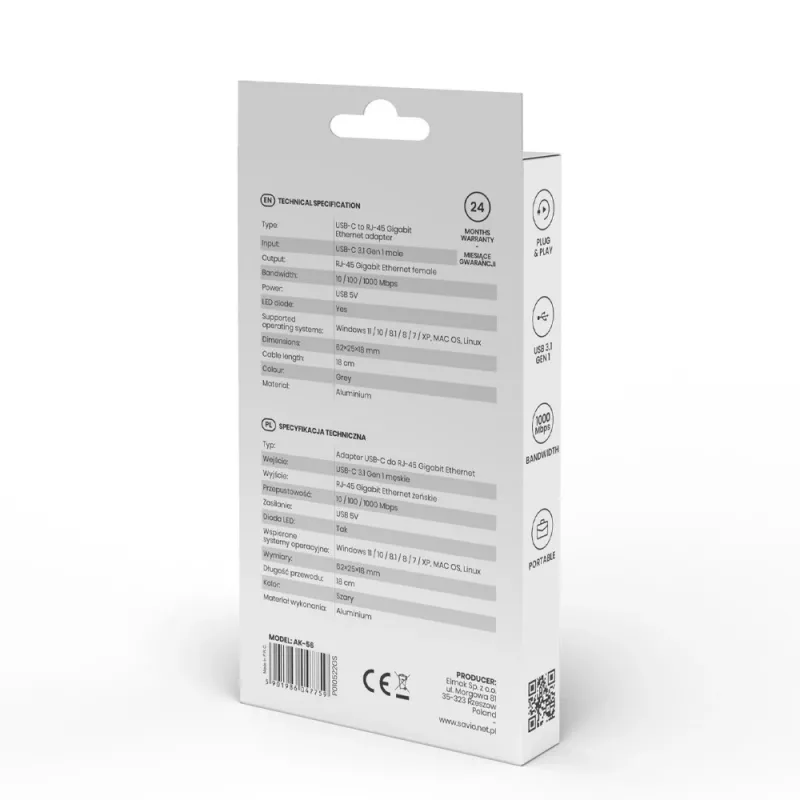 SAVIO Adapter USB-C 3.1 Gen.1 (vyriškas) į RJ-45 Gigabit Ethernet (moteriškas), 1000 Mbps, AK-56, pilka