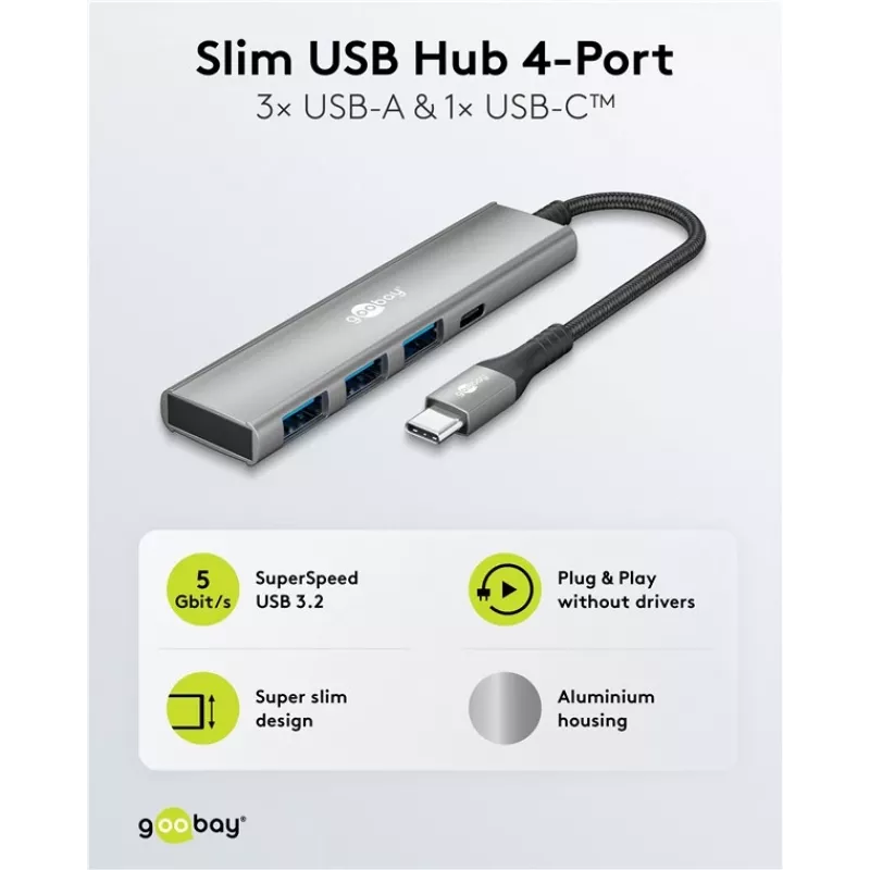 Goobay Slim 4 prievadų USB-Hub USB-C į USB-A 5 Gbit/s - kištukas 1x (76562)