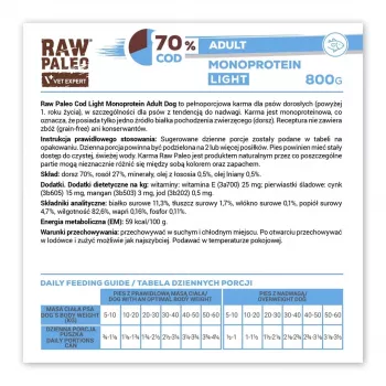 VetExpert Raw Paleo Cod Light Monoprotein drėgnas šunų maistas su menke 800 g