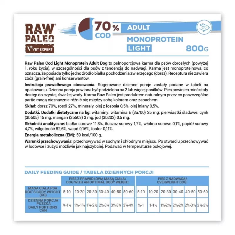 VetExpert Raw Paleo Cod Light Monoprotein drėgnas šunų maistas su menke 800 g