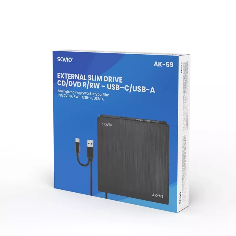 SAVIO AK-59 Išorinis plonas CD/DVD įrašytuvas R/RW - USB-C/USB-A, juodas