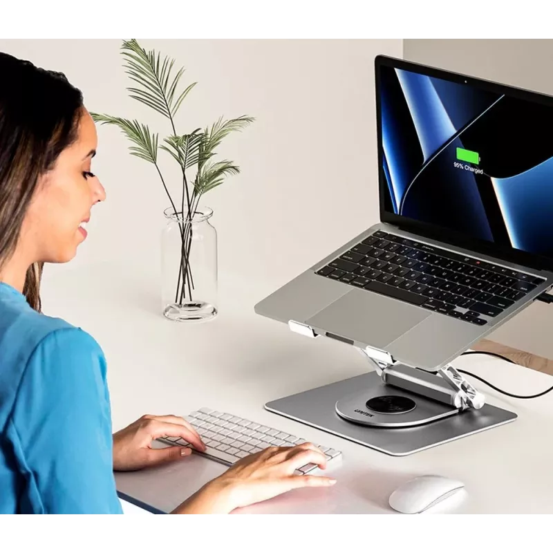Unitek D1109B01 stovas nešiojamam kompiuteriui – aliumininis reguliuojamas stovas su nuimamu USB‑C HDMI 4K PD 100W, 2x USB‑A, RJ‑45, iki 17 colių