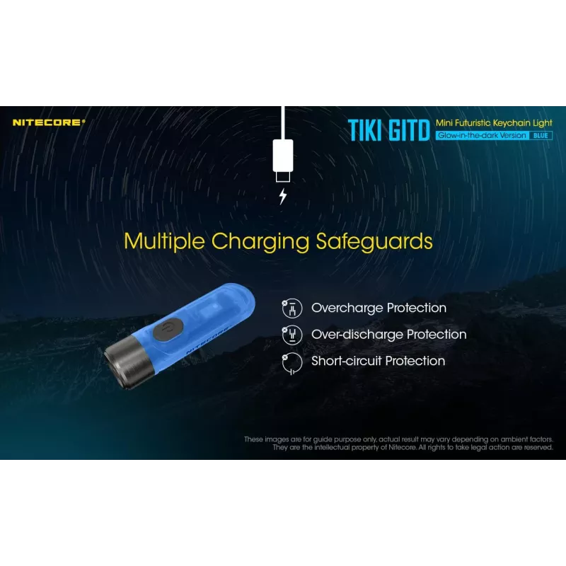 Raktų pakabuko žibintuvėlis Nitecore TIKI GITD BLUE pilkas, įkraunamas per USB, 1 lm, 55 mm, 12 g, IP66, atsparus smūgiams