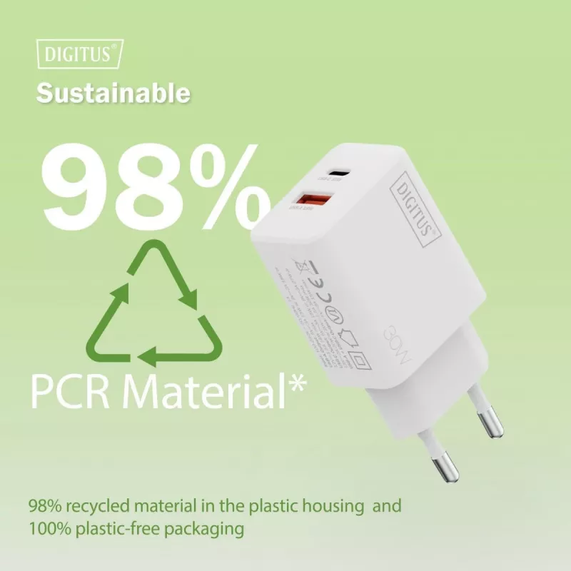 AC vidinis USB GaN įkroviklis DIGITUS DA-10301 — 30W, 1× USB-C, 1× USB-A, 100–240V, baltas