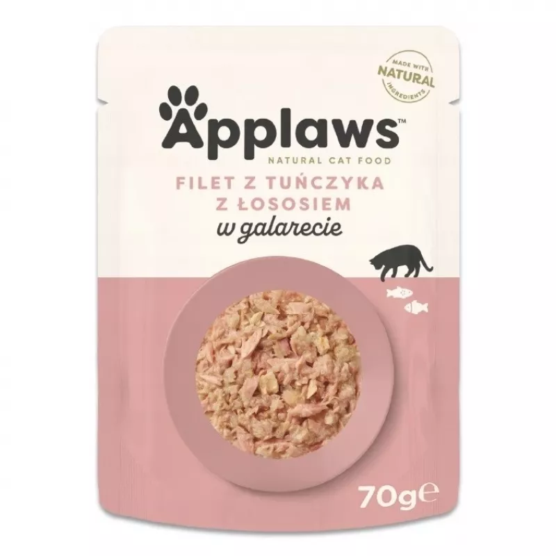 Šlapias kačių maistas Applaws Tunas ir Lašiša drebučiuose 70 g pakelis – suaugusioms katėms, 13% baltymų, 82% drėgmės