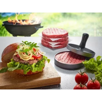 Hamburgerių presas GEFU 89419, aliuminis, Ø 11,8 cm, aukštis 93 mm, pilkas/juodas