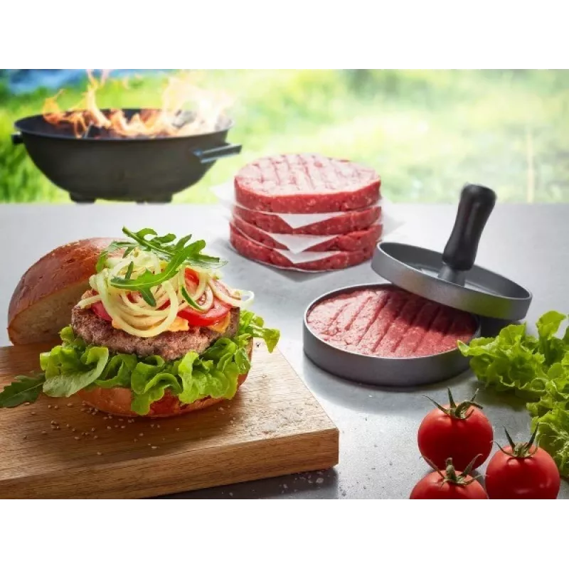 Hamburgerių presas GEFU 89419, aliuminis, Ø 11,8 cm, aukštis 93 mm, pilkas/juodas