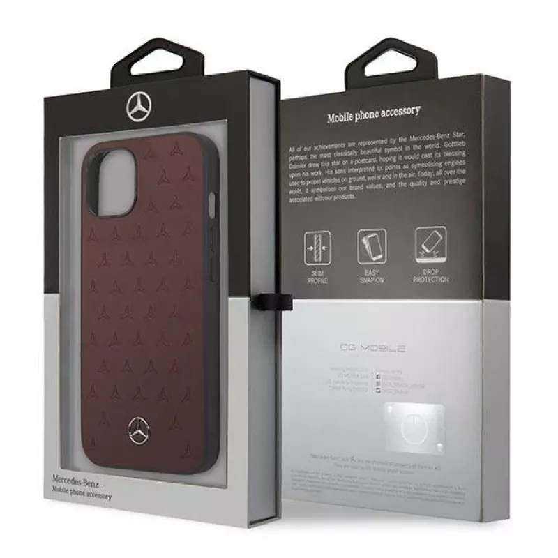 Mercedes MEHCP13SPSQRE iPhone 13 mini 5,4 raudonas kietas dėklas su odine žvaigždžių rašto apdaila
