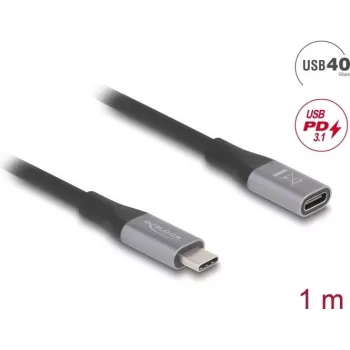 Delock USB-C ilginimo kabelis, 24 kontaktų USB-C (kištukas) į 24 kontaktų USB-C (lizdas), USB 2.0 / USB 3.2 / USB4 / Thunderbolt 3, 5 A, 1,0 m, juodas/pilkas (81201)