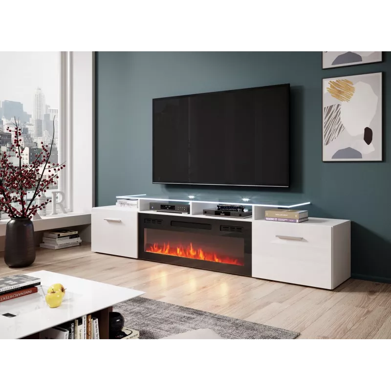 Spintelė televizoriui Cama Meble ROVA su elektriniu židiniu 190x37x48 cm balta/blizganti balta