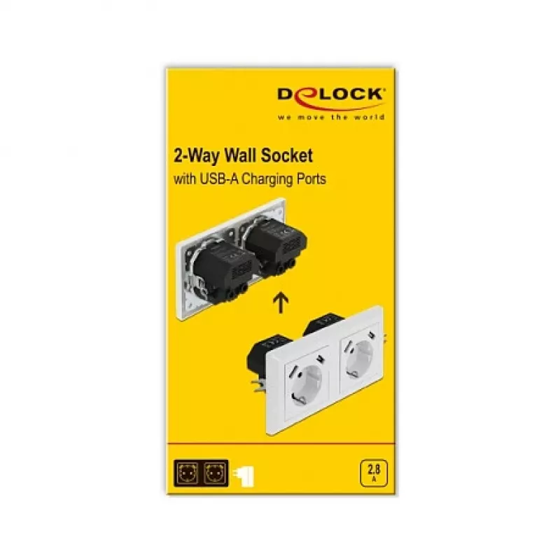 Sieninis kištukinis lizdas DeLOCK 2 jungtys su 4 USB prievadais 2 x 2,8 A