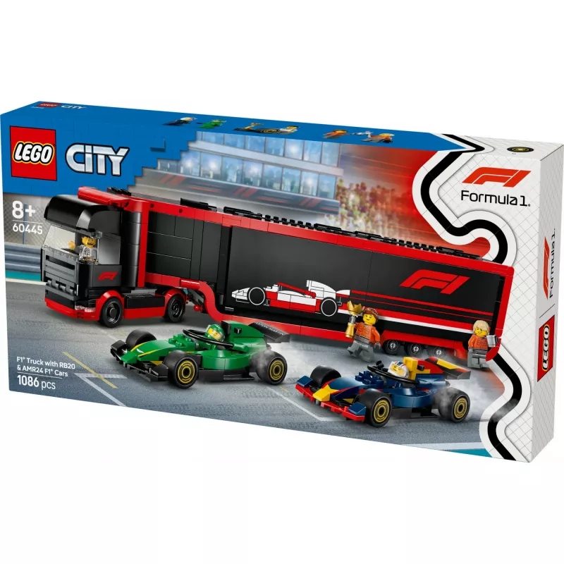 LEGO CITY 60445 F1 sunkvežimis su RB20 ir AMR24 F1 automobiliais