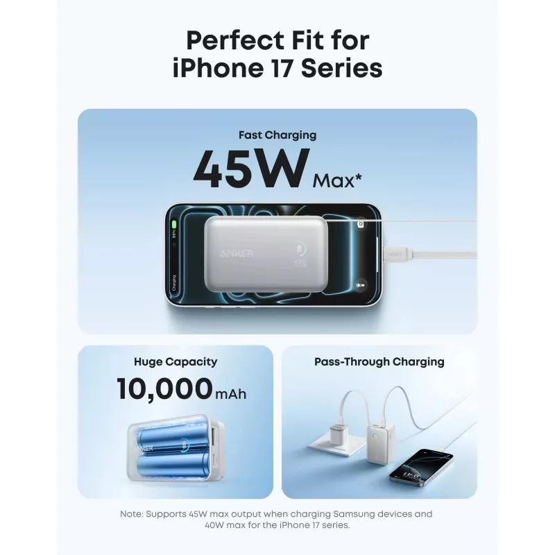Power bank Anker A1638 10000 mAh, 45 W bendra galia, baltas, su įtaisyta ištraukiama USB-C laido