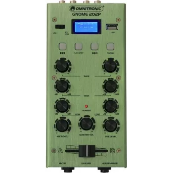 Mini maišytuvas Omnitronic GNOME-202P – 2 kanalų kompaktiškas garso maišytuvas, žalias