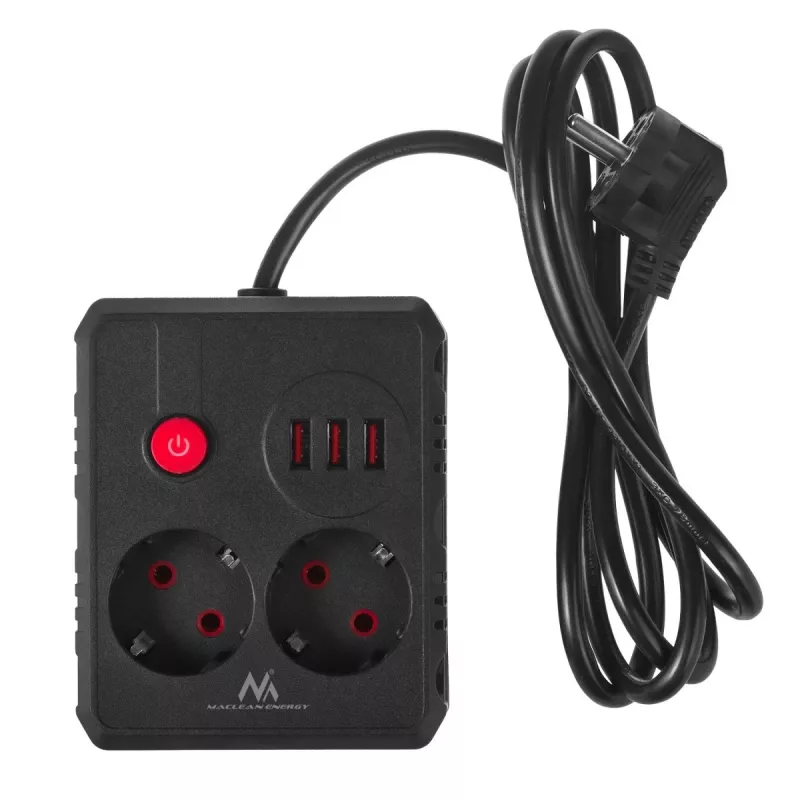 Maclean MCE387 B ilgintuvas su 2 kištukiniais lizdais ir 3 USB A prievadais, 1,5 m laidas, 2500 W