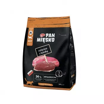 Sausas kačių ėdalas Pan Miesko veršiena su antimi, pilnavertis sausas ėdalas suaugusioms katėms, 400 g, 39% baltymų, 16% riebalų