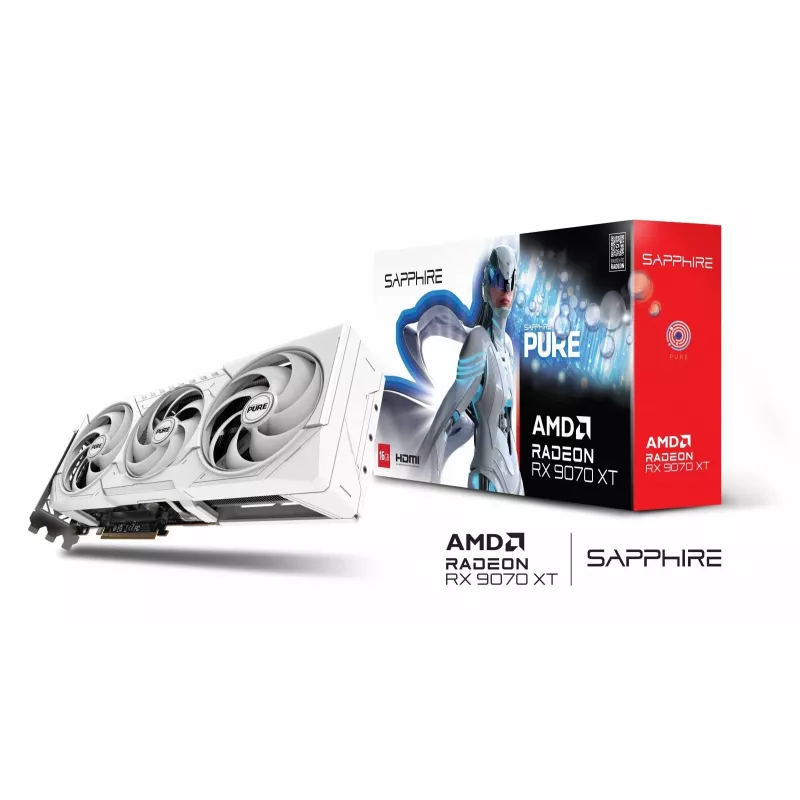 Vaizdo plokštė Sapphire Radeon RX 9070 XT – 16 GB GDDR6, PCIe 5.0, 256 bit, 320 mm, 3 lizdai, balta