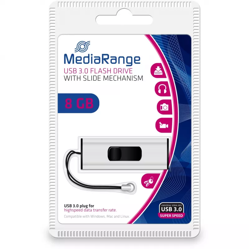 MediaRange SuperSpeed USB atmintukas – 8 GB – USB 3.0 – juodas/sidabrinis (MR914)