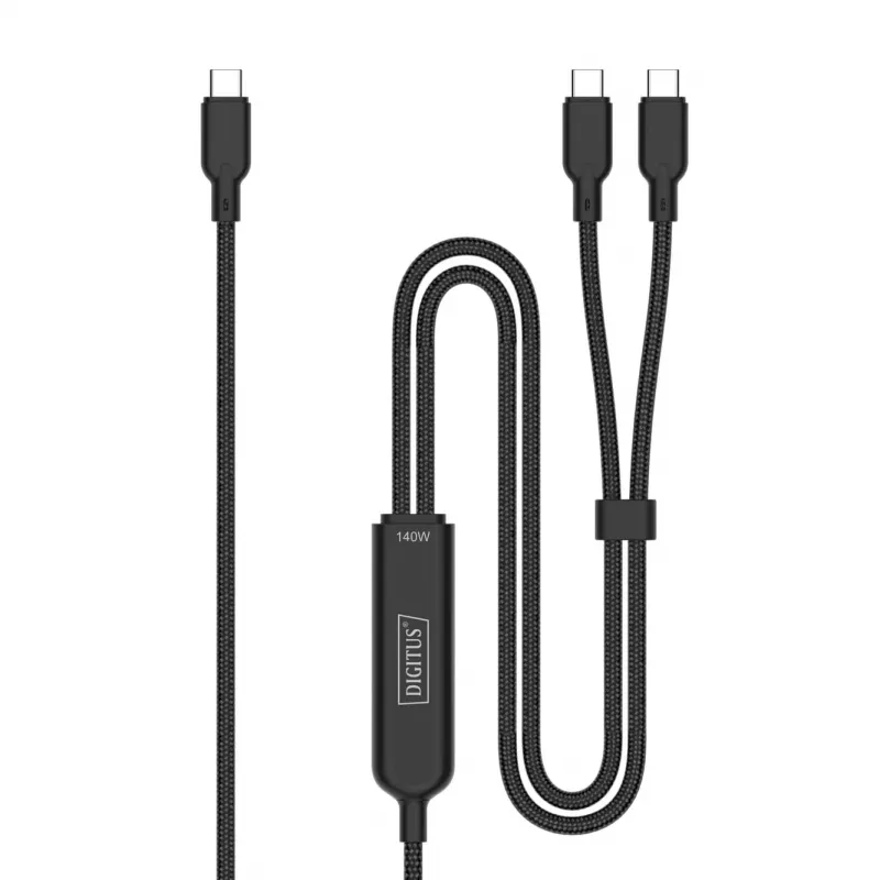 DIGITUS USB-C 2 viename krovimo laidas 140W, USB-C į 2×USB-C, 1,8 m, USB 2.0, juodas