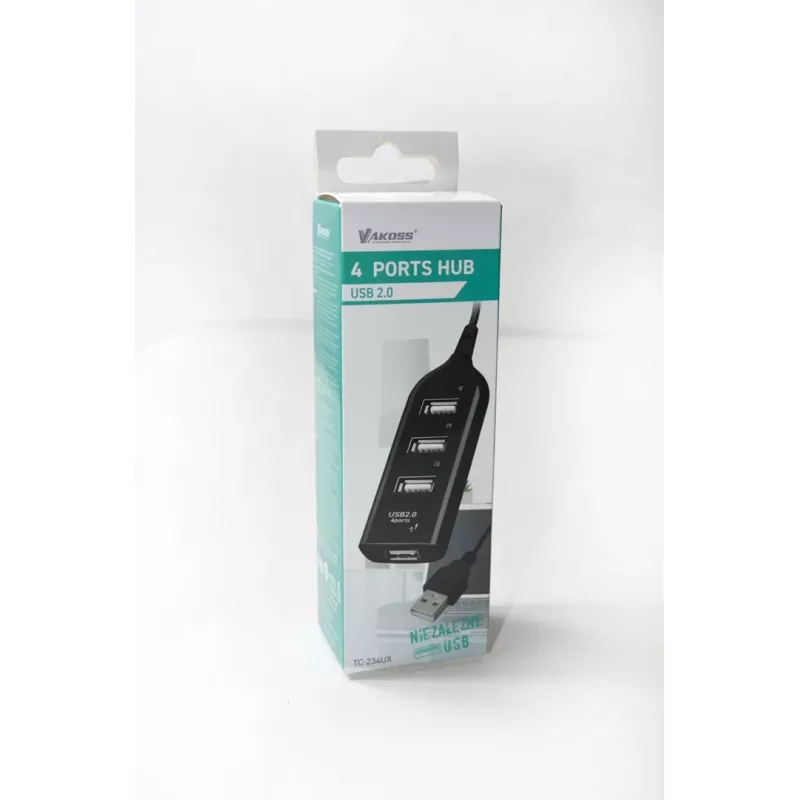 VAKOSS USB hubas TC-234UX – 4 prievadų USB 2.0 centras, maitinimas DC (5V, 1A), juodas