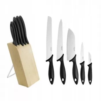 Fiskars medinis peilių blokas su 5 peiliais