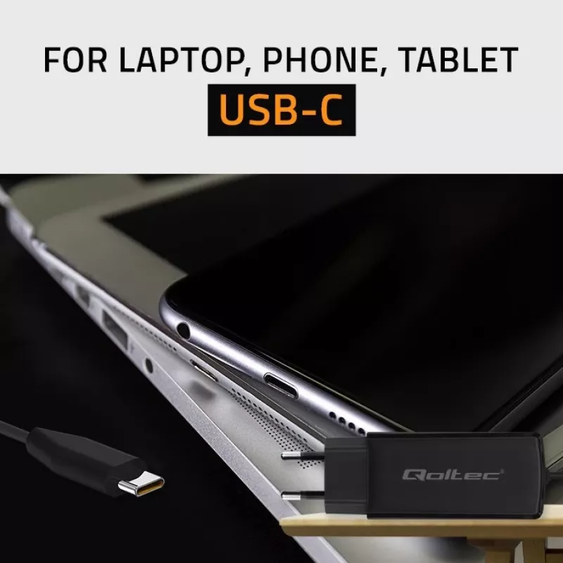 QOLTEC 52419 65W USB-C PD GaN įkroviklis nešiojamam kompiuteriui, 5V/20V 3A/3.25A, 220–240V, 1.8m laidas, juodas