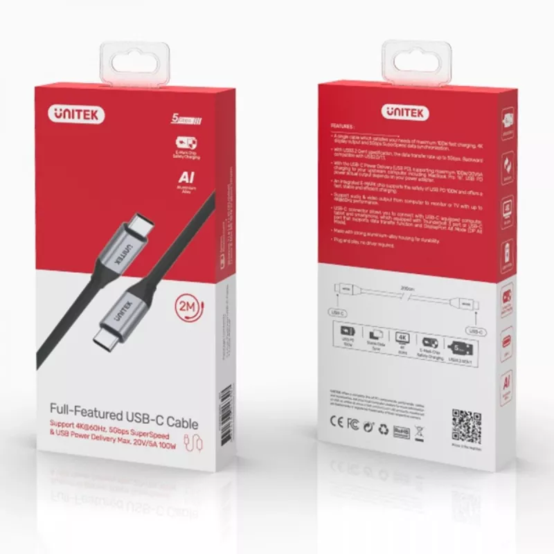 UNITEK C14091ABK USB-C laidas USB 3.2 Gen 2 2m juodas