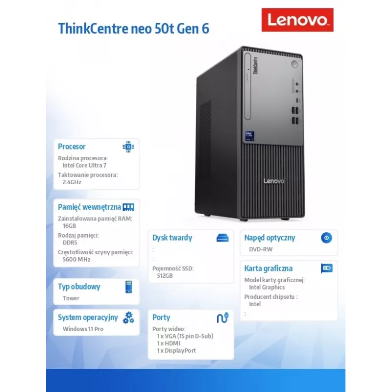 Stalinis kompiuteris Lenovo ThinkCentre Neo 50t G6 Tower – Intel Ultra 7 265, 16GB RAM, 512GB SSD, Windows 11 Pro, DVD, juodas, 3Y OS+1Y CI