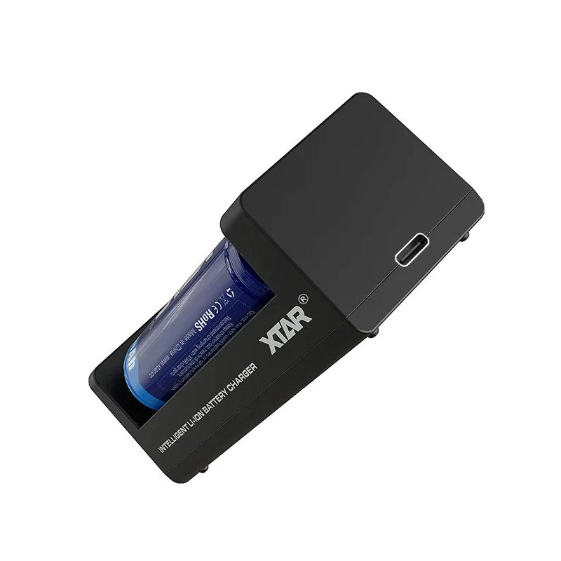 XTAR dviejų lizdų Li-ion akumuliatorių įkroviklis 18650 elementams, USB-C įvestis, juodos spalvos, LED indikatoriai