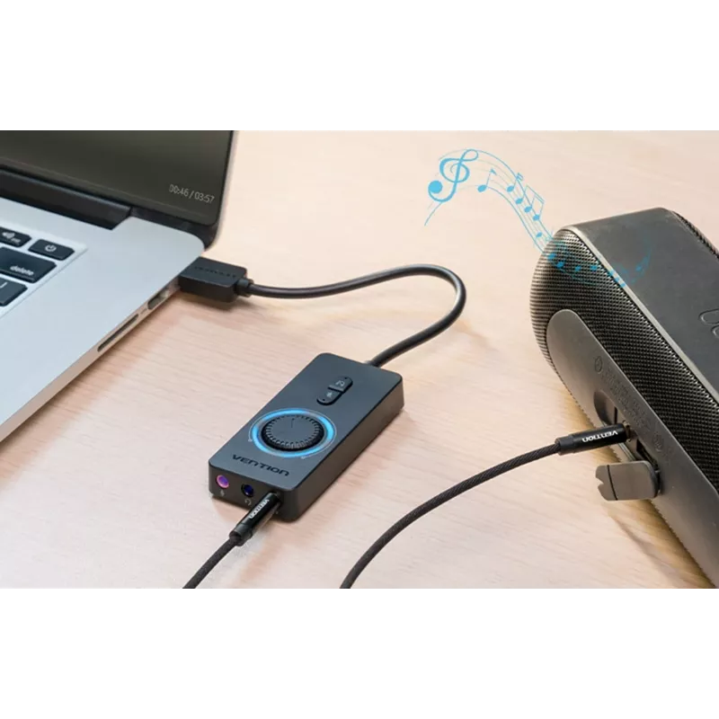 Išorinė USB 2.0 garso kortelė Vention CDRBF – 16 bitų, 44,1–48 kHz, maitinama per USB, 1 m laidas, linijinis įėjimas/išėjimas