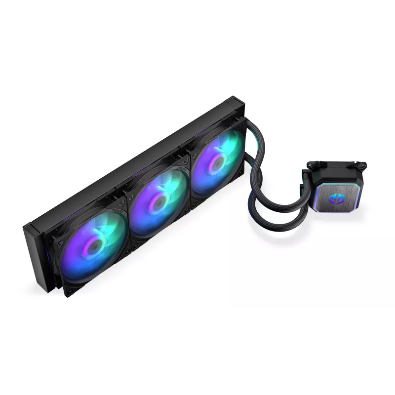 Skysčio aušintuvas ENDORFY Navis F360 ARGB Juodas – 360 mm radiatorius, 3x 120×25 mm ventiliatoriai, 250–1800 RPM, siurblys 1600–2600 RPM, LGA 1700/AM5/AM4