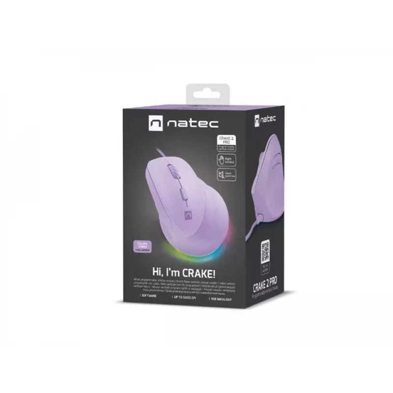 NATEC Crake 2 Pro pelė, vertikali, dešinei rankai, USB-A, optinė, 12800 DPI, violetinė