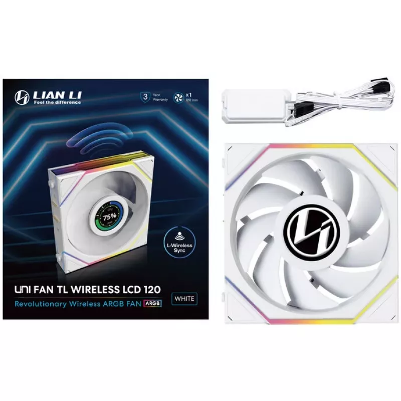 Lian Li UNI FAN TL Wireless LCD 120 Baltas — 120 mm PWM ventiliatorius su belaidžiu LCD valdikliu