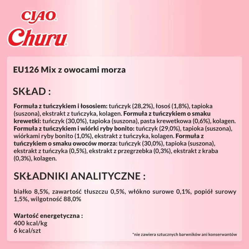 Šlapieji kačių skanėstai INABA Churu Variety Box Seafood – 20 vnt. × 14 g, žuvies pasta, be grūdų, be cukraus ir be glitimo