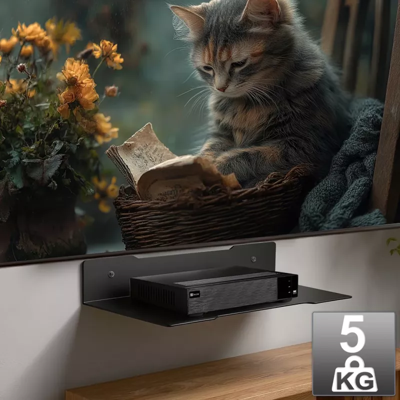 Sieninė lentyna dekoderiui MACLEAN MC-122, plieninė, juoda, maks. apkrova 5 kg, skylių atstumas 219 mm