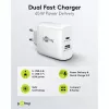 USB-C dviejų prievadų greitasis įkroviklis, PD, GaN, 65 W (baltas, 1x USB-C, 1x USB-A, Power Delivery)