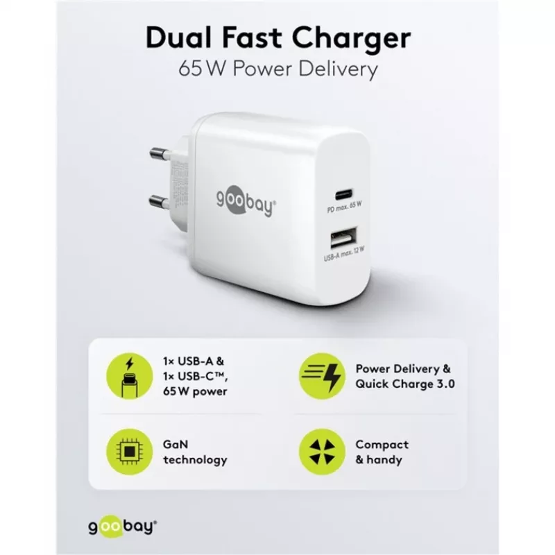 USB-C dviejų prievadų greitasis įkroviklis, PD, GaN, 65 W (baltas, 1x USB-C, 1x USB-A, Power Delivery)