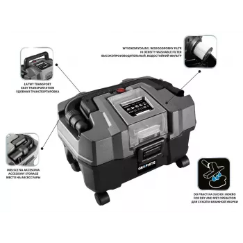 Nešiojamas šlapio ir sauso valymo siurblys GRAPHITE 58GE105, 18V, 10L, be akumuliatoriaus