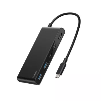 Belkin Connect USB-C centras, HDMI, USB 2.0 Type-A, USB 3.2 Gen 1 Type-C, MicroSD, SD, juodas, apvalus kabelis, 0,2 m