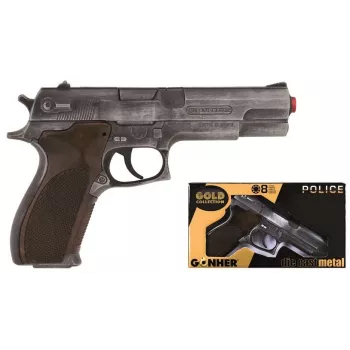 Žaislinis šautuvėlis su strėlytėmis Pulio Police gun metal GONHER 45/1 15545/1 — metalo efekto apdaila, vieno šūvio ginklas
