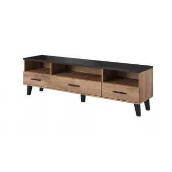 TV stovas Cama Meble LOTTA 180 cm – ąžuolo Wotan rėmas, matinė juoda medžio drožlių plokštės viršus, 1800×400×530 mm