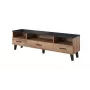 TV stovas Cama Meble LOTTA 180 cm – ąžuolo Wotan rėmas, matinė juoda medžio drožlių plokštės viršus, 1800×400×530 mm