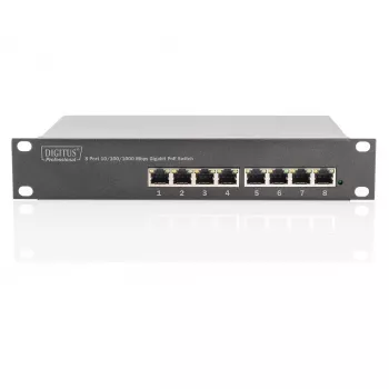 DIGITUS Gigabit Ethernet PoE jungiklis 8 prievadų PoE+ 10 colių stovas, iki 80 W PoE biudžeto