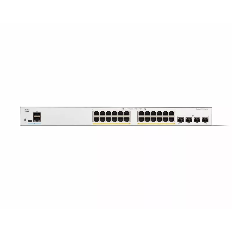 Cisco Catalyst 1300-24FP-4G valdomas jungiklis, 24 prievadai GE, pilnas PoE, 4x1GE SFP, ribota apsauga visam gyvenimui (C1300-24FP-4G)
