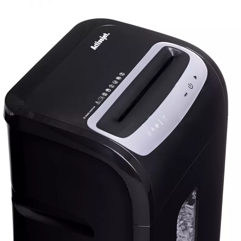 Dokumentų smulkintuvas ActiveJet ASH-2502C — kryžminis pjovimas P-4, 25 lapų, 4x40 mm, 28 l krepšys, 22,8 cm padavimas, 30 min darbas